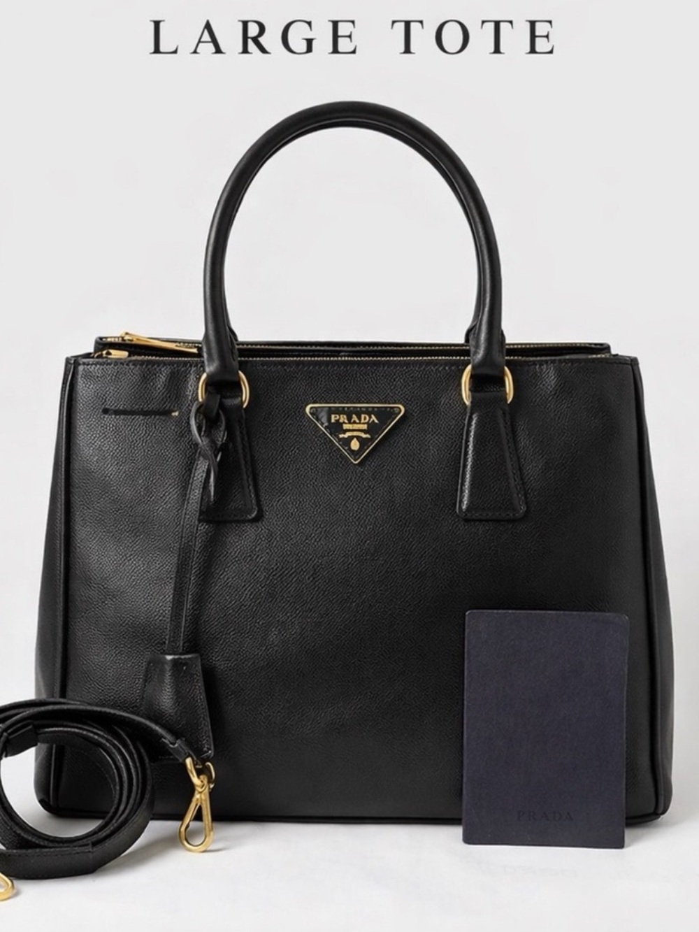Prada Black Leather Tote with Gold-Tone Logo Hardware
